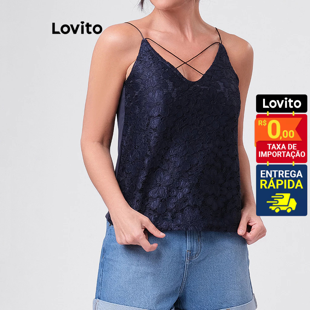 Lovito Regata Decote V Aplicação de Renda Sem Mangas Alças Finas Feminina LB238BRL267 em Oferta na Shopee