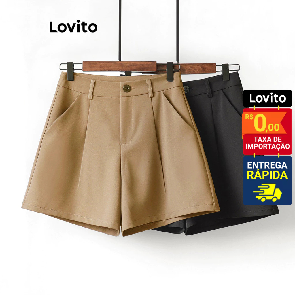 Lovito Shorts Feminino Liso Alfaiataria com Botão e Bolso L73AD150 em Oferta na Shopee