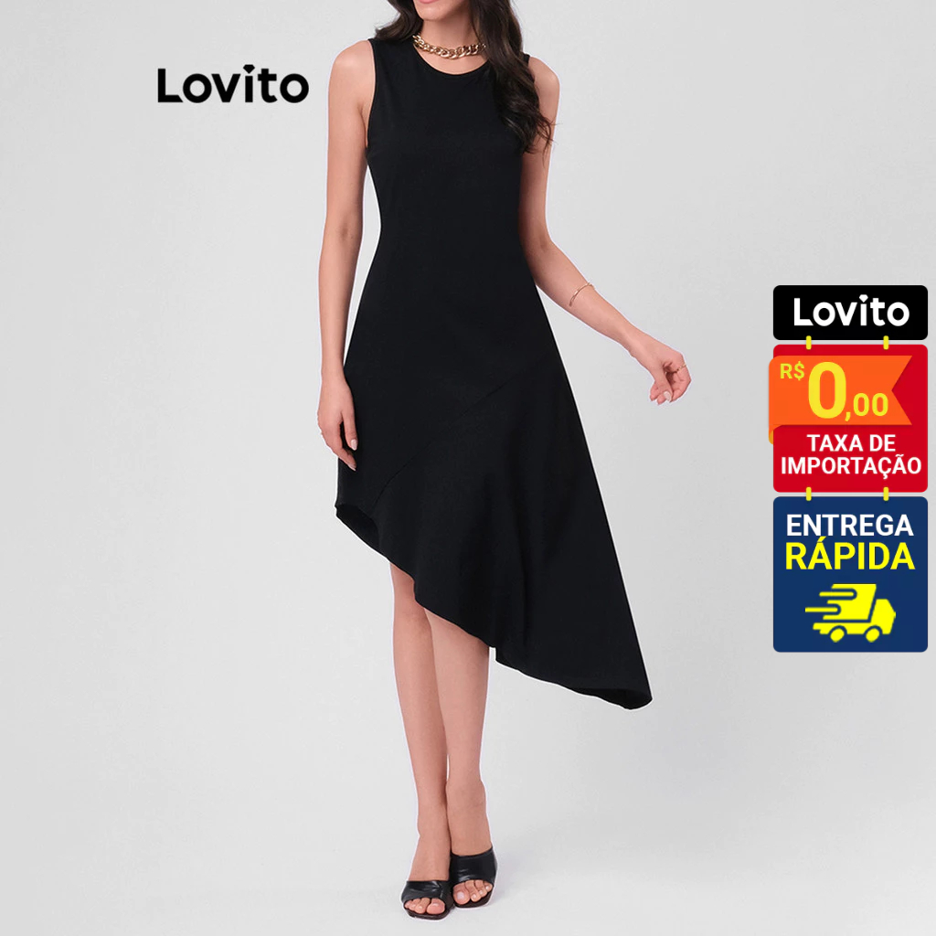 Detalhes do Lovito Vestido Feminino Sem Manga e Frente Assimétrica LB42BRL071