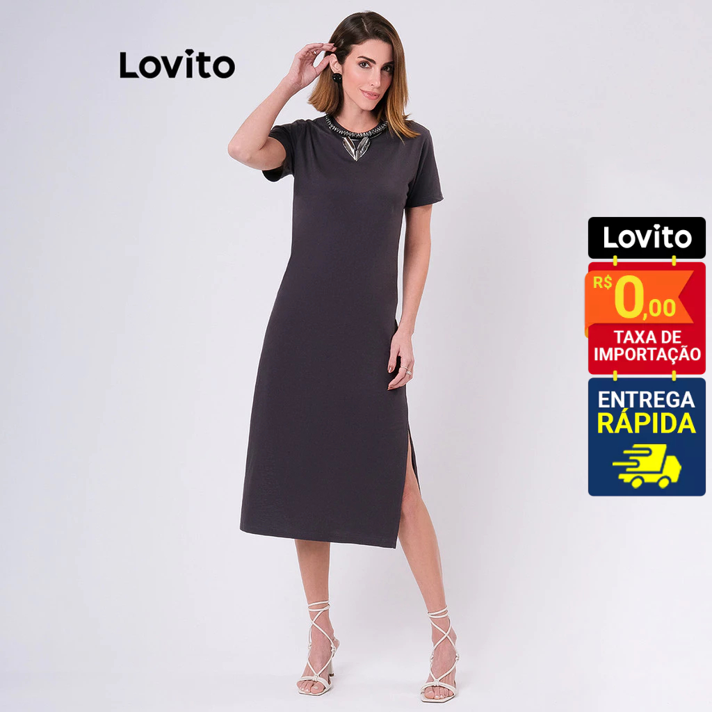 Lovito Vestido Feminino Midi Manga Curta Casual Liso LB45BRL074 - Women Clothes