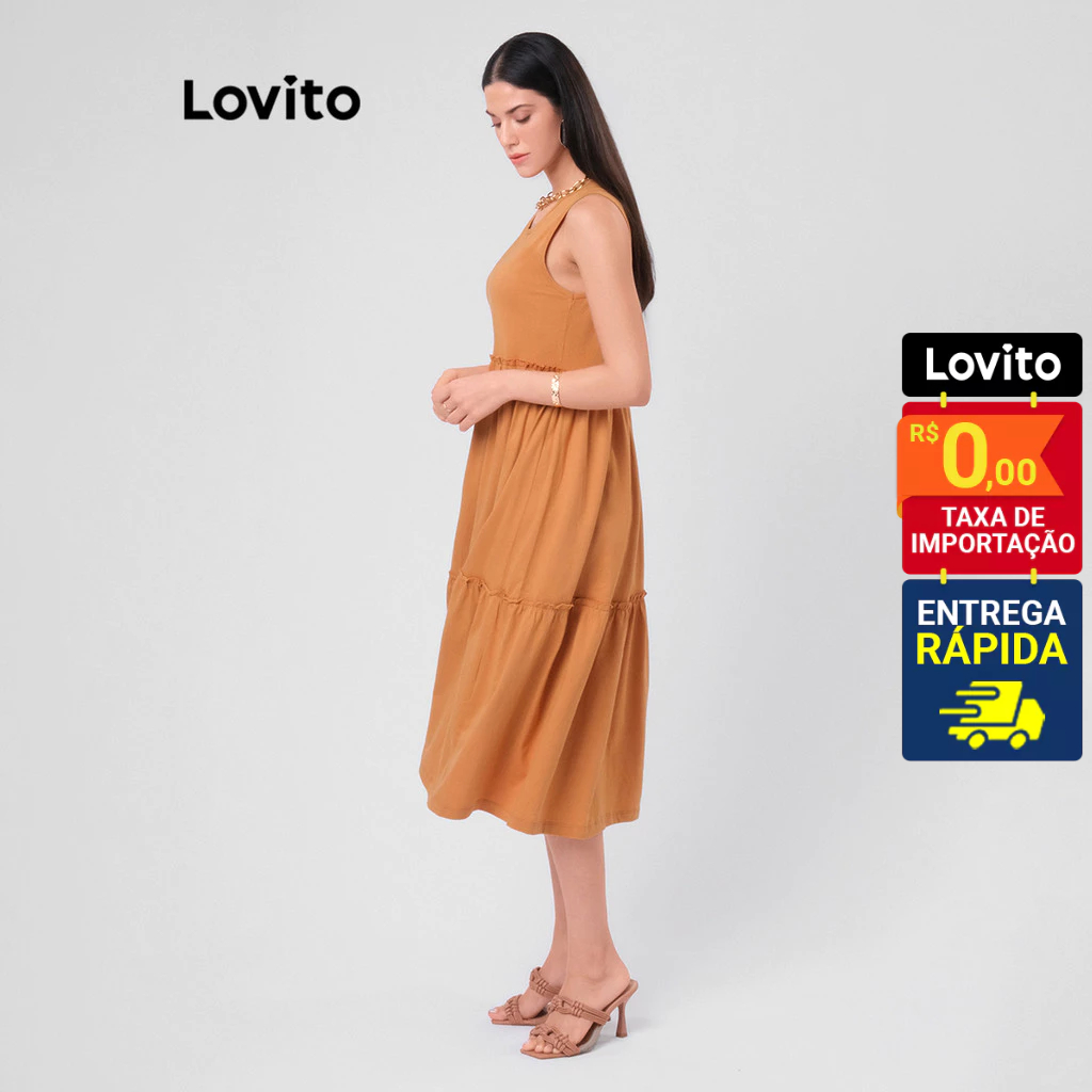 Lovito Vestido Decote Redondo Midi Com Babados Basico Feminino LB36BRL065 em Oferta na Shopee