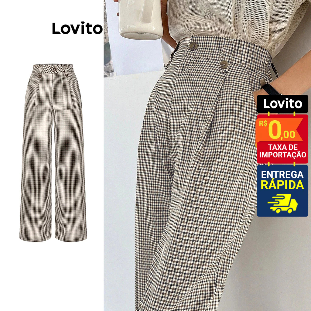 Lovito Calça Feminina Gingham com Botão L70AD049