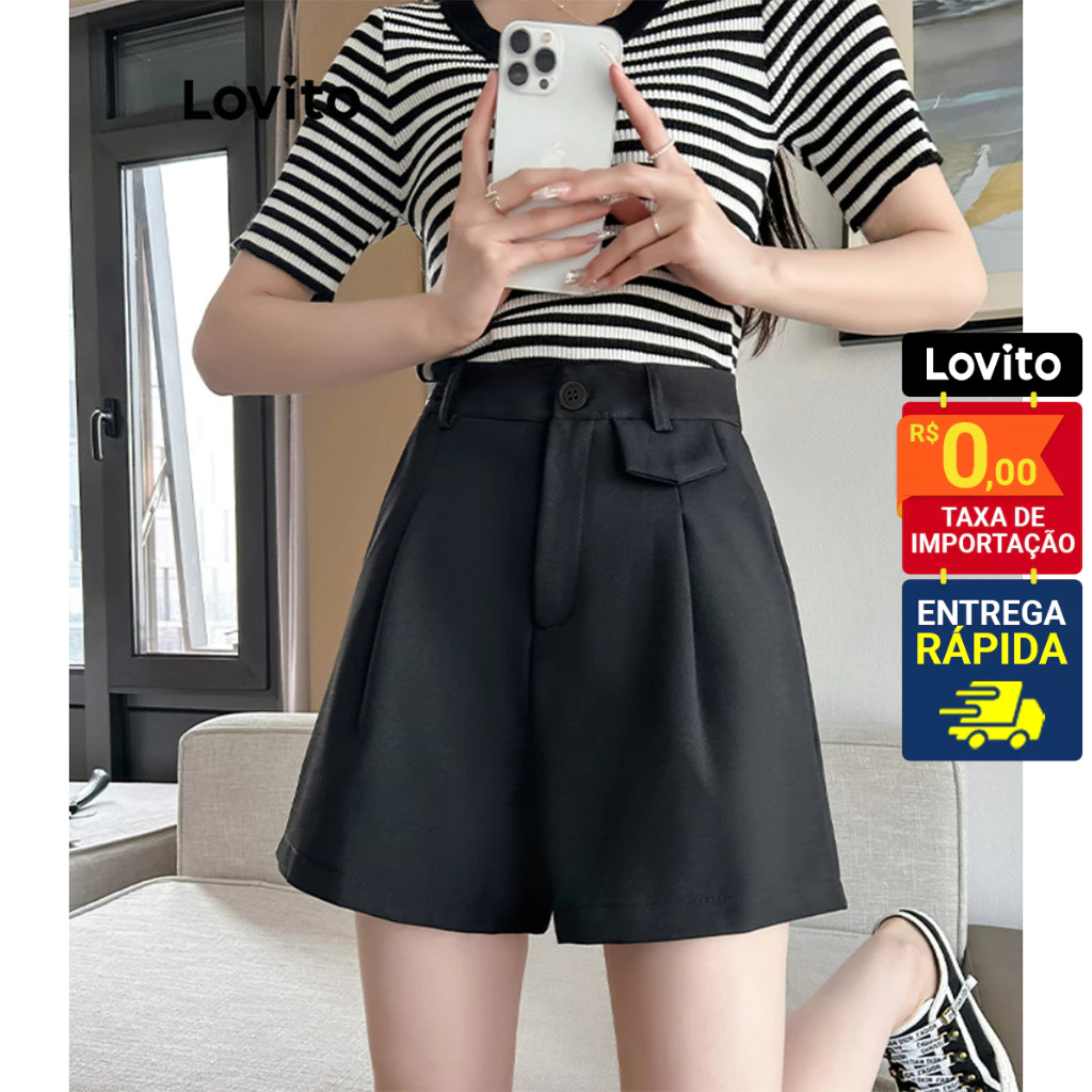 Lovito Bermuda Feminina Lisa alongada com Botão LNE31117 em Oferta na Shopee