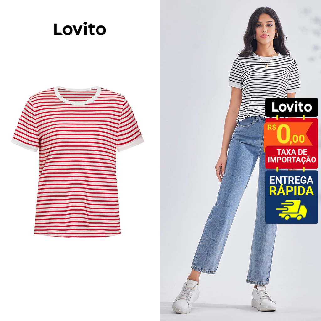 Lovito Camiseta Feminina Manga Curta Básica Casual Listrada LBE03014