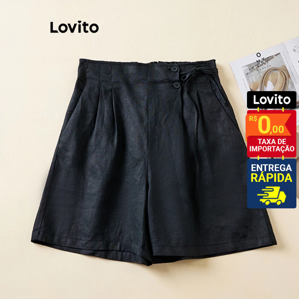 Lovito Shorts Feminino Liso Plissado de Amarrar com Bolso LNL42102 em Oferta na Shopee