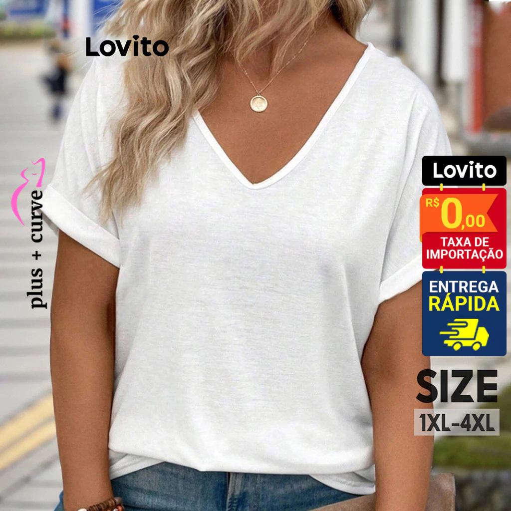 Lovito Camiseta Básica Casual para Mulheres LBL11023 em Oferta na Shopee