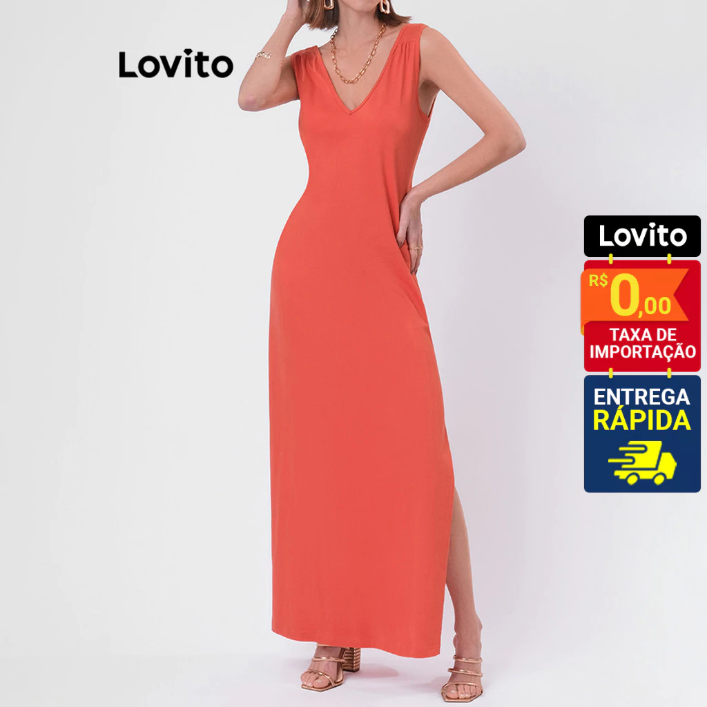 Lovito Vestido Feminino Longo Liso com Fendas Liso LB49BRL078 em Oferta na Shopee