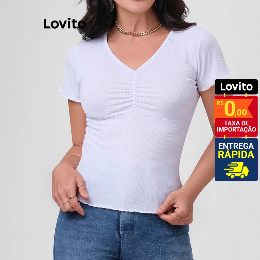 Lovito Camiseta Manga Curta Feminina Canelada com detalhe no busto LB194BRL223 - Women Clothes