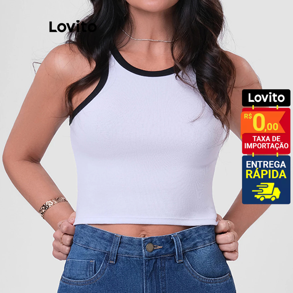 Lovito Top Regata Feminina Lisa com Viés Contrastante LB207BRL236 em Oferta na Shopee