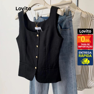 Lovito Regata Feminina lisa com botão frontal LNE52350 em Oferta na Shopee