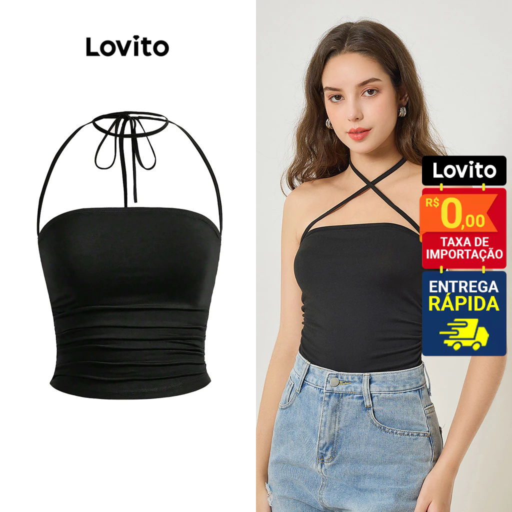 Lovito Casual Feminina Lisa Entrecruzada Franzida L80ED122