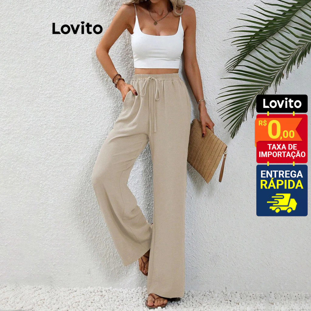 Lovito Calça Feminina Cós Fino com Elástico e Amarração LNL59043 - Women Clothes
