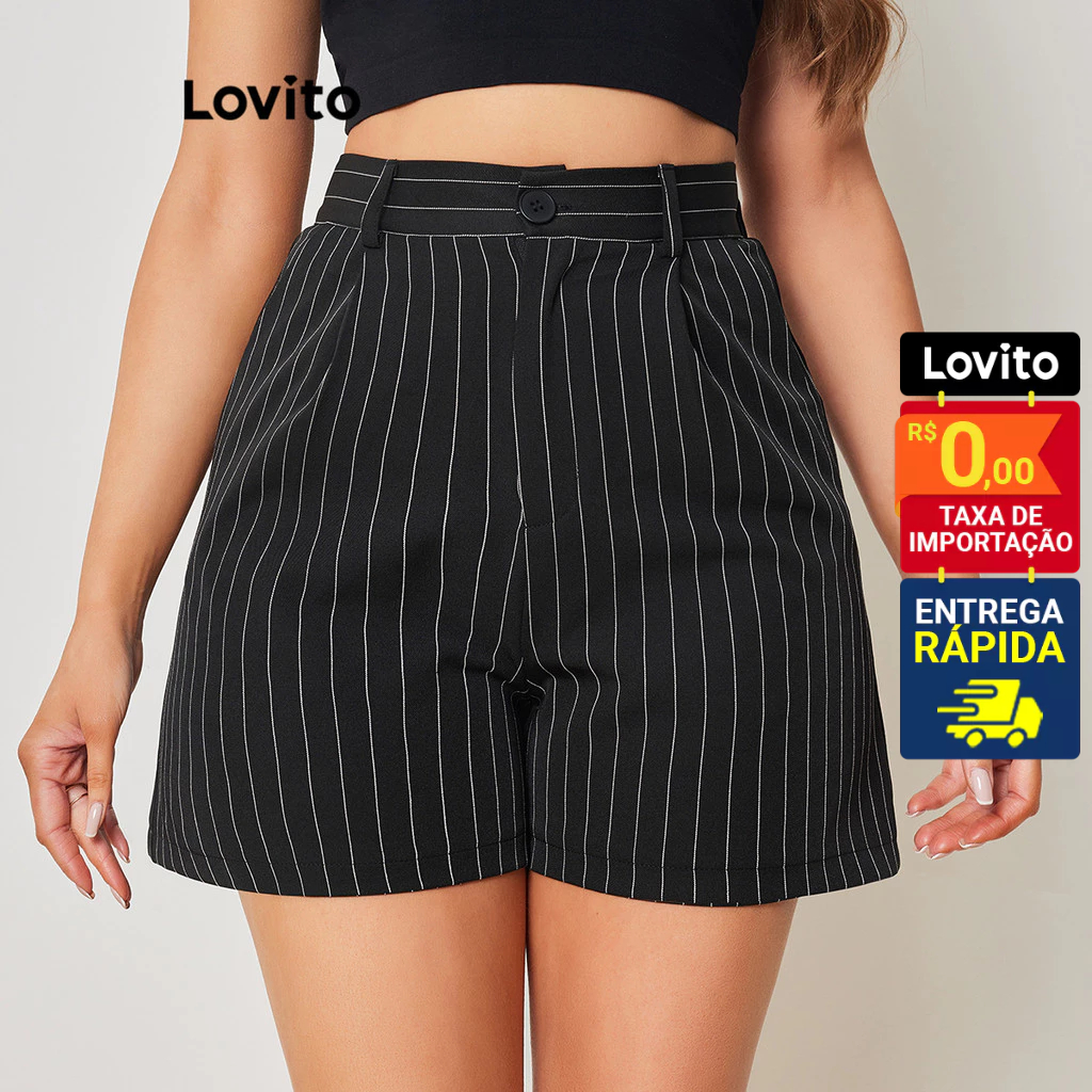 Lovito Shorts Feminino Listrado com Bolso LBL08330