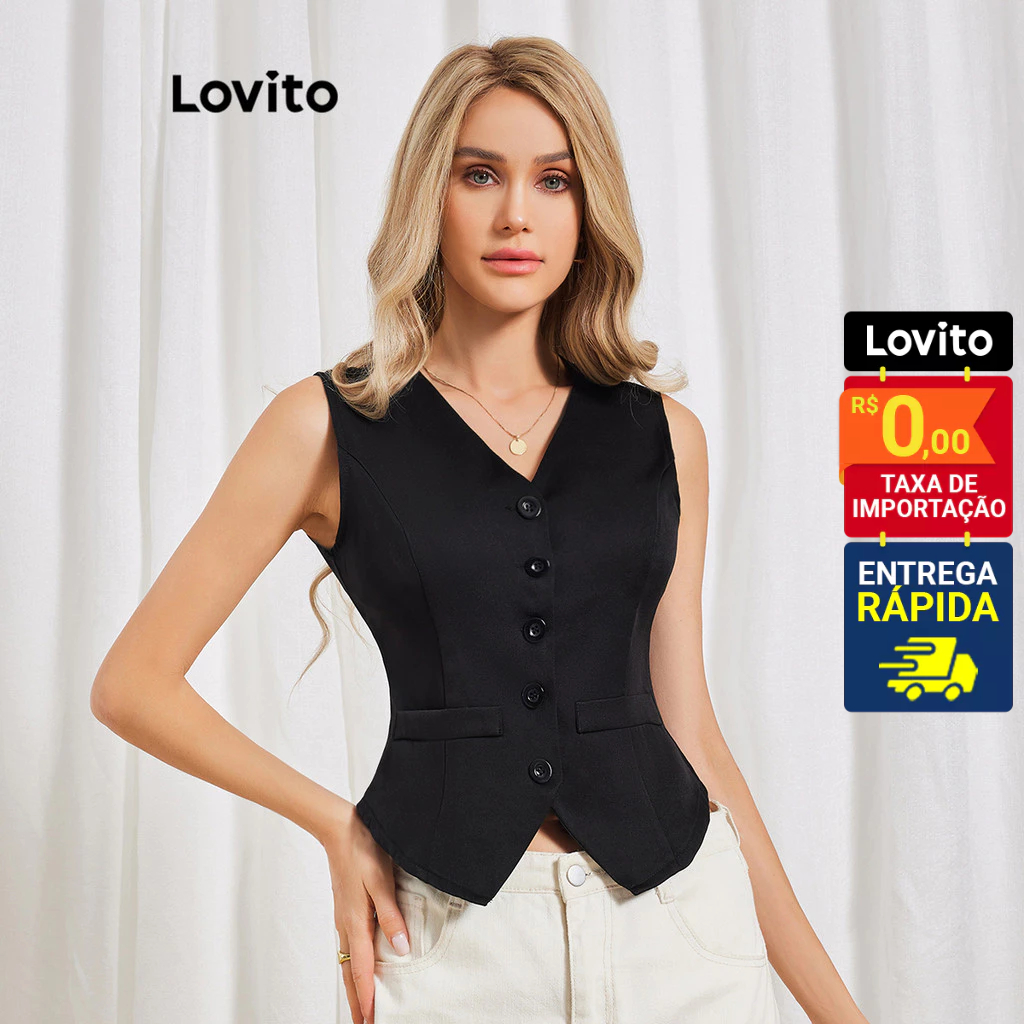 Lovito x Glenda Colete Decote V com Botões na Vista Sem Manga Silhueta afinada Basica Feminina LBL06069 em Oferta na Shopee