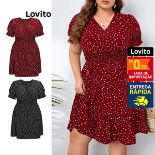 Lovito Vestido Feminino Estampado Manga Bufante Plus Size LBE05151 em Oferta na Shopee