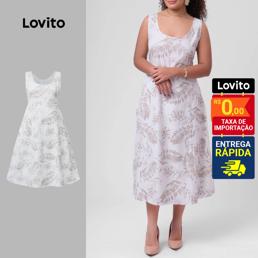 Lovito Vestido Plus Size Rodado Decote Quadrado Estampado Feminino LBRL018 - Women Clothes