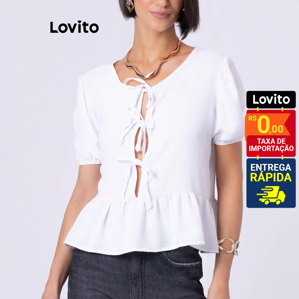 Lovito Blusa Feminina com Laços Frontais Amarração Manga Curta e Babado na Barra LB94BRL123 - Women Clothes
