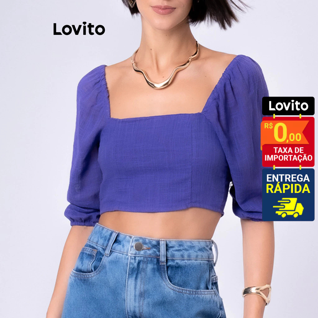 Lovito Blusa Cropped com Decote Quadrado Manga Bugante 3/4 Basica Feminina LB333BRL362 em Oferta na Shopee