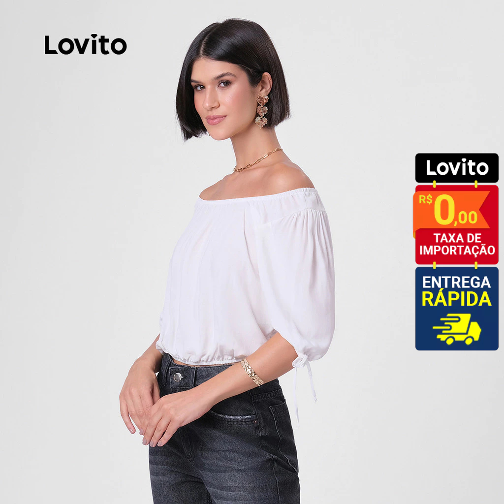 Lovito Blusa Ombro a Ombro com Babados Ciganinha Basica Feminina LB261BRL290 em Oferta na Shopee