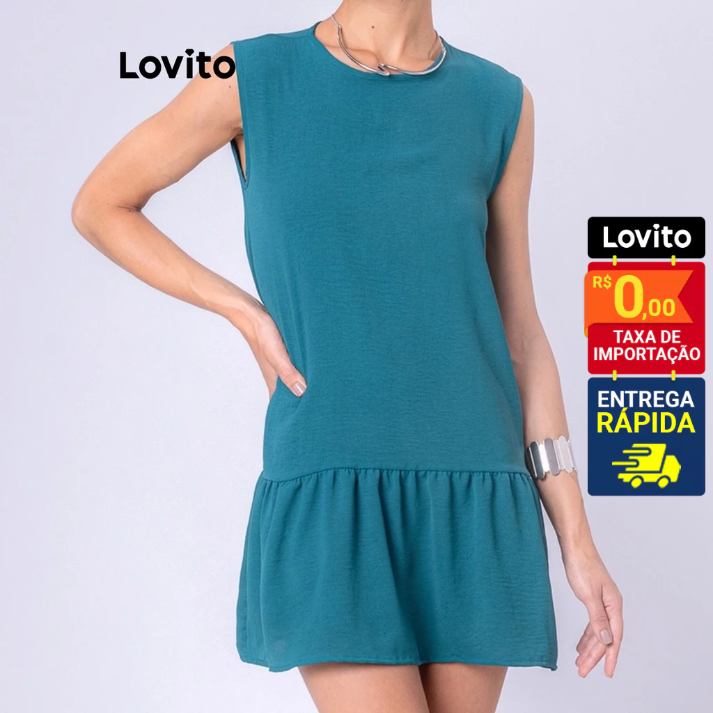 Lovito Vestido Curto Sem Mangas com Babado na Barra Basico Feminino LB107BRL136 em Oferta na Shopee