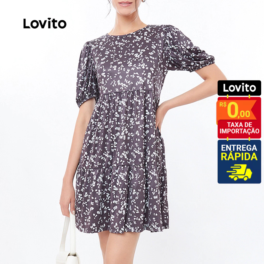 Lovito Vestido Curto Com Manga Curta Rodada Basica Feminino LB213BRL242 em Oferta na Shopee