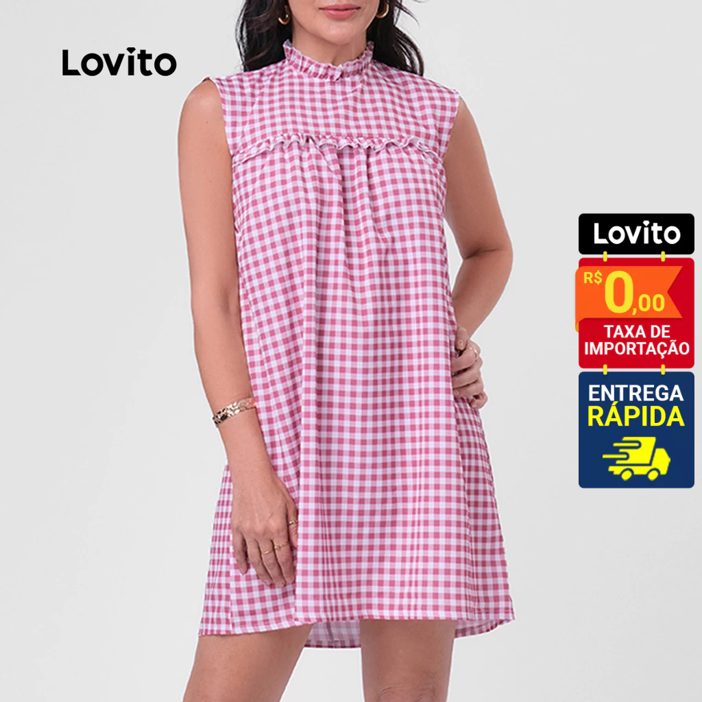 Lovito Vestido Xadrez Curto Com Babados Feminino LB174BRL203 - Women Clothes