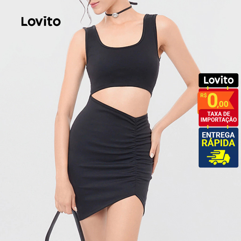 Lovito Vestido Cut Out Com Fenda Decote Quadrado Basico Feminino LB219BRL248