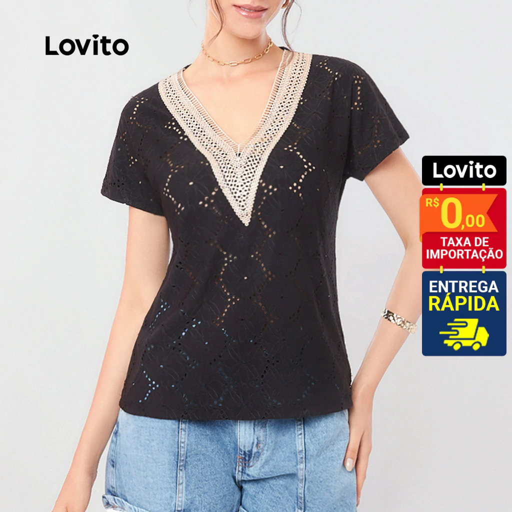 Lovito Camiseta Feminina Manga Curta  Decote V contecido laise floral e detalhe na Gola LB89BRL118