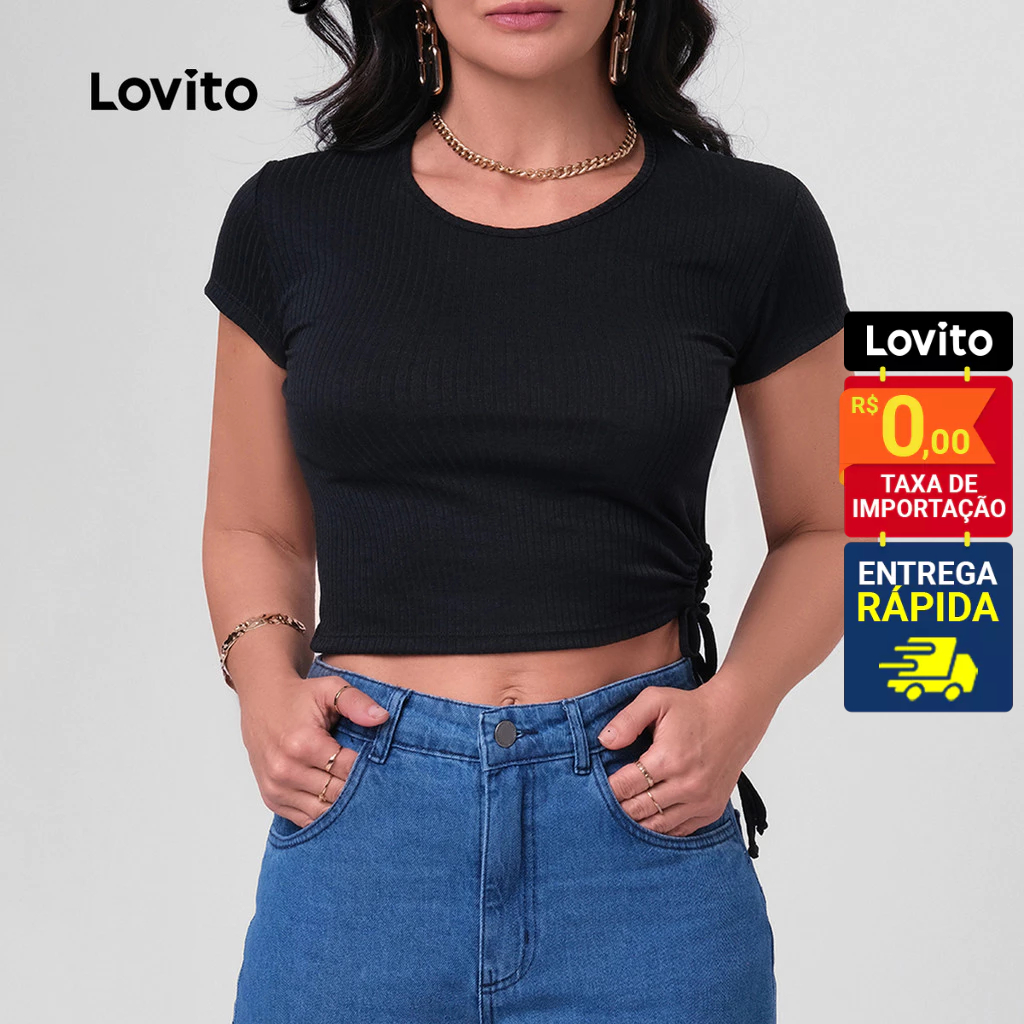 Lovito Camiseta Manga Curta Feminina Cropped  com detalhe de Abertura e Amarração lateral  LB195BRL224 em Oferta na Shopee