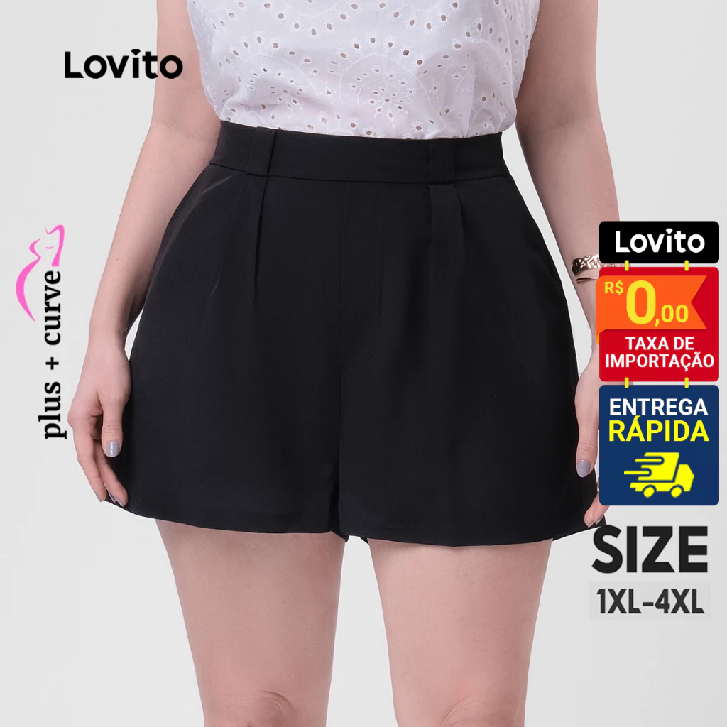Lovito Shorts Curto Feminino  Plus Size  Alfaiatria Liso LB72BRL101 - Women Clothes