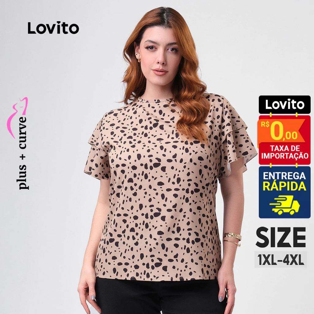 Lovito Blusa Plus Size Manga Curta com Babados Estampa Leopardo Feminina LB67BRL096