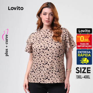 Lovito Blusa Plus Size Manga Curta com Babados Estampa Leopardo Feminina LB67BRL096 em Oferta na Shopee