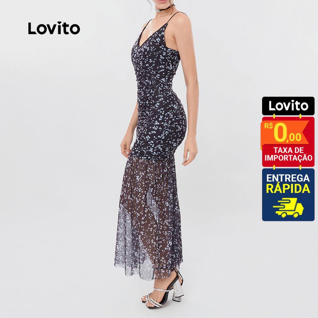 Lovito Vestido Longo Decote V Com Tule Estampado Feminino LB214BRL243 em Oferta na Shopee