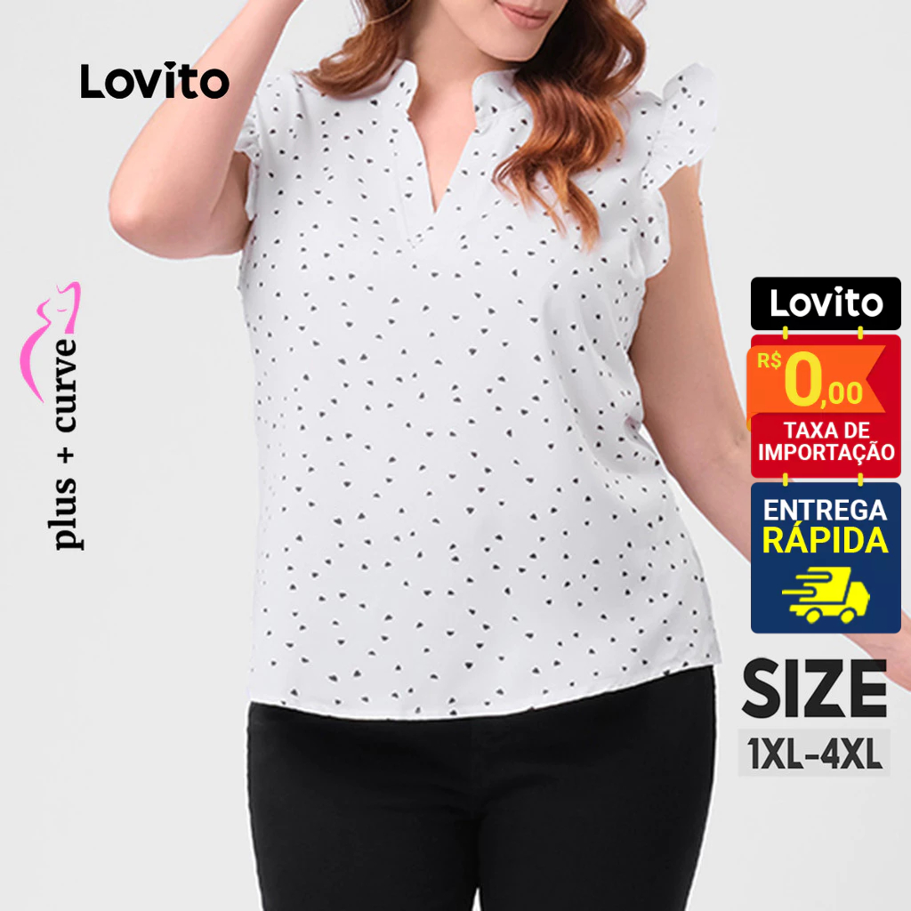 Lovito Blusa Plus Size Manga Curta com Babados Estampa Poás Feminina LB71BRL100 - Women Clothes