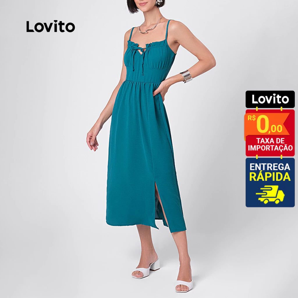 Lovito Vestido Decote Coração Alças Finas Midi com Fenda Feminino LB135BRL164 em Oferta na Shopee