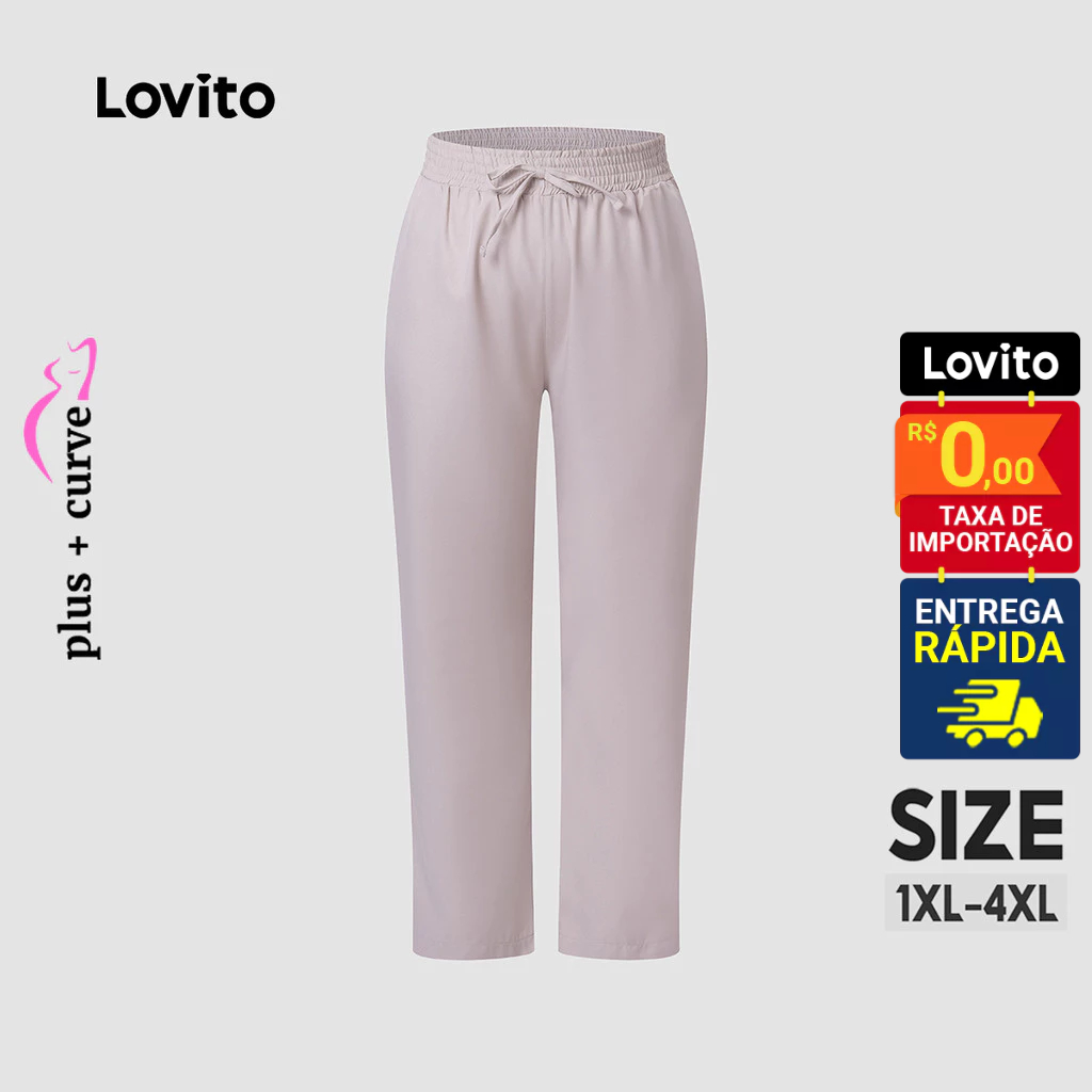 Lovito Calça Feminina Slim Elástico Cintura e Amarração Plus Size LB61BRL090 - Women Clothes