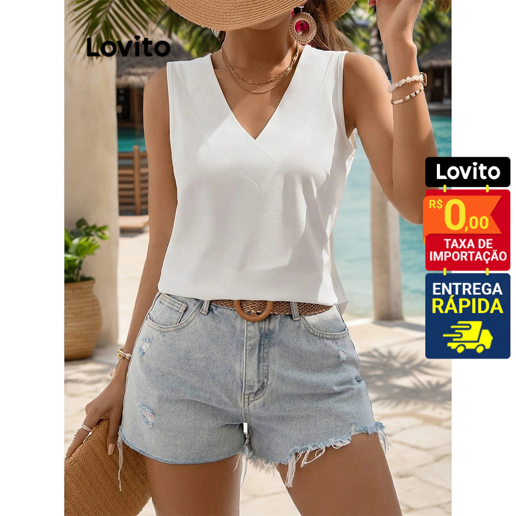 Lovito Regata Feminina Lisa Básica decote V LBL09011 - Women Clothes