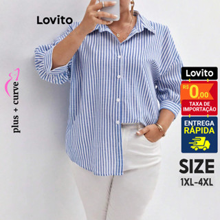 Lovito Blusa plus size curva elegante listrada com botão frontal