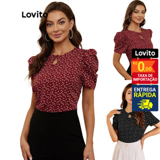 Lovito Blusa Manga Curta Bufante Decote Gota Estampa Corações Feminina L17D106 em Oferta na Shopee