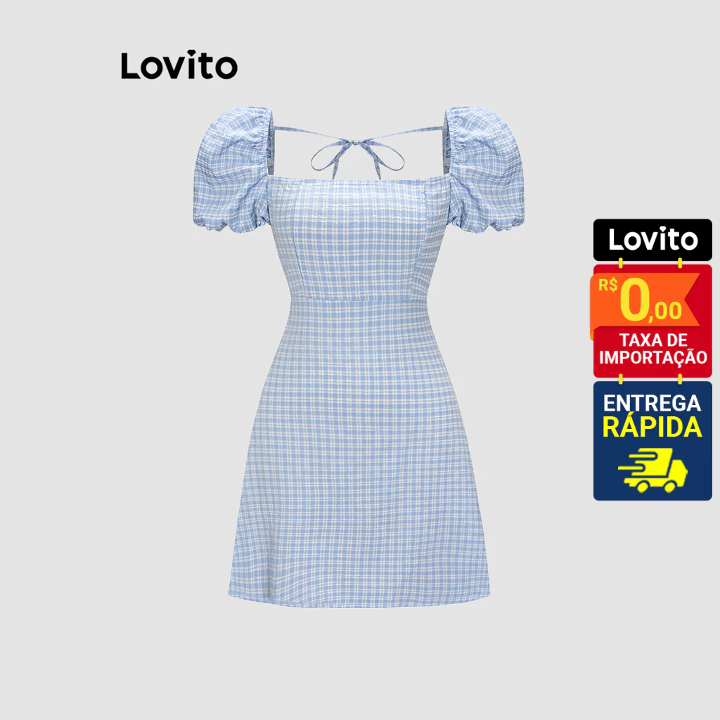 Lovito Vestido Feminino Curto Gola Quadrada com Amarração Estampa de Xadrez L55AD100 - Women Clothes