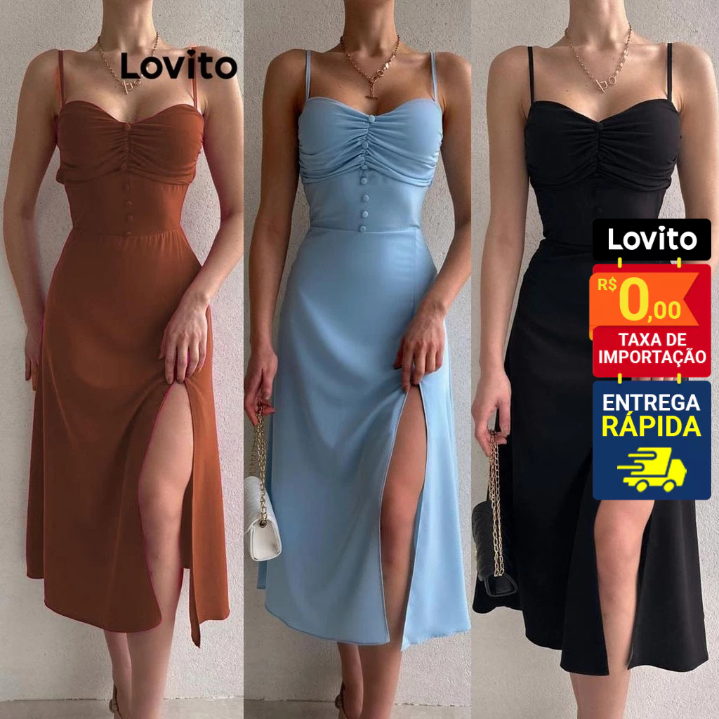 Lovito Elegante Vestido Feminino Liso Plissado com Fenda e Botão Frontal LNL39191