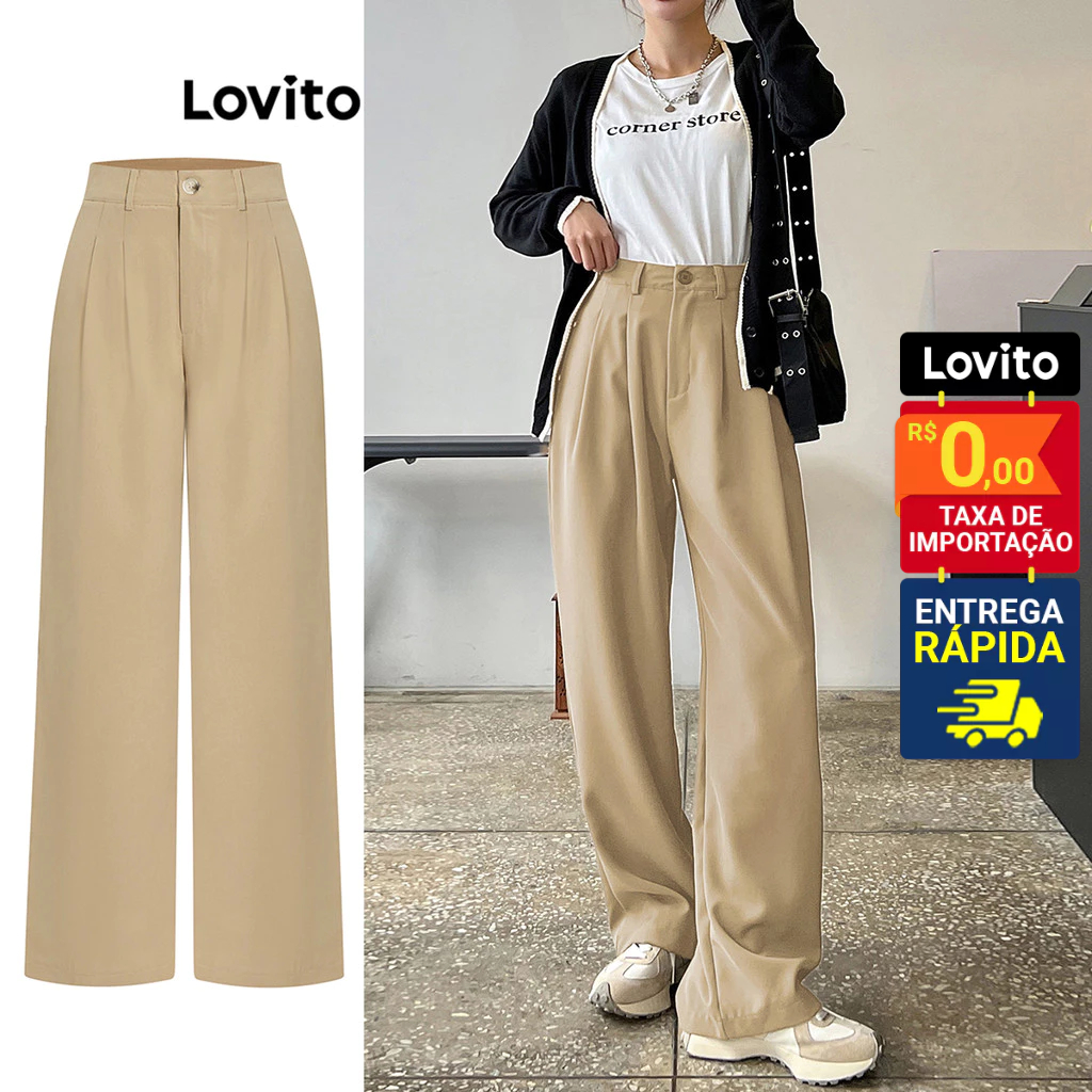 Lovito Calça Feminina Reta Alfaiataria Cintura Média L64AD096 em Oferta na Shopee