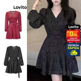 Lovito Casual Vestido Feminino de Bolinhas Cruzado com Manga Bufante LNE27238