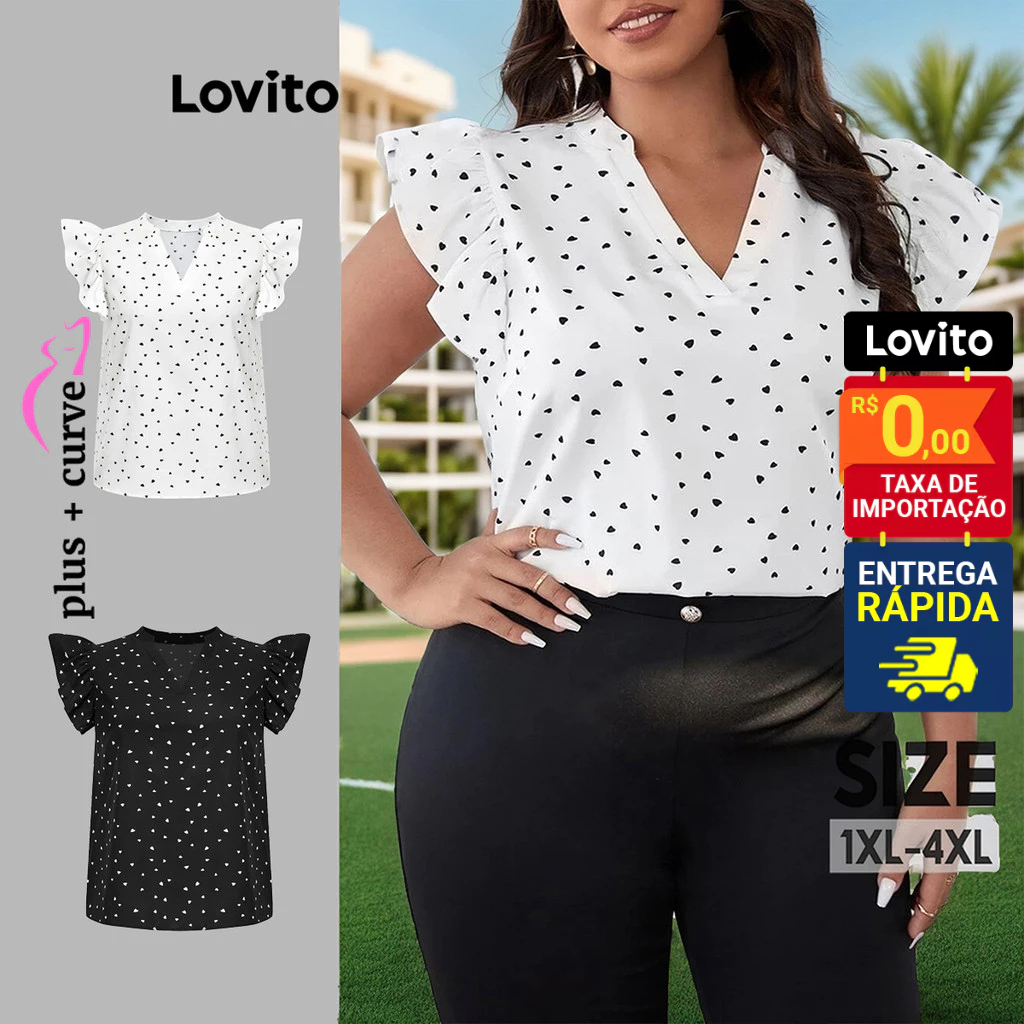 Lovito Blusa Plus Size Manga Curta com Babados Estampa Poa Feminina LBL07115 - Women Clothes