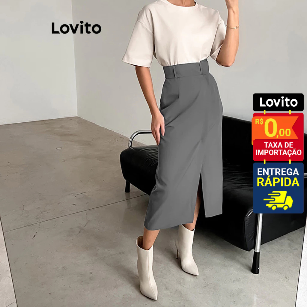 Lovito Saia Feminina Midi com Fenda LNL37164