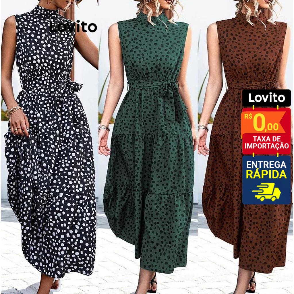 Lovito Vestido Feminino Longo Estampado com Camadas e Amarração Cintura LNL41090 - Women Clothes