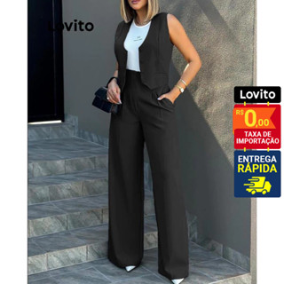 Lovito Conjunto casual com botão liso e bolso frontal Calças LNL51150