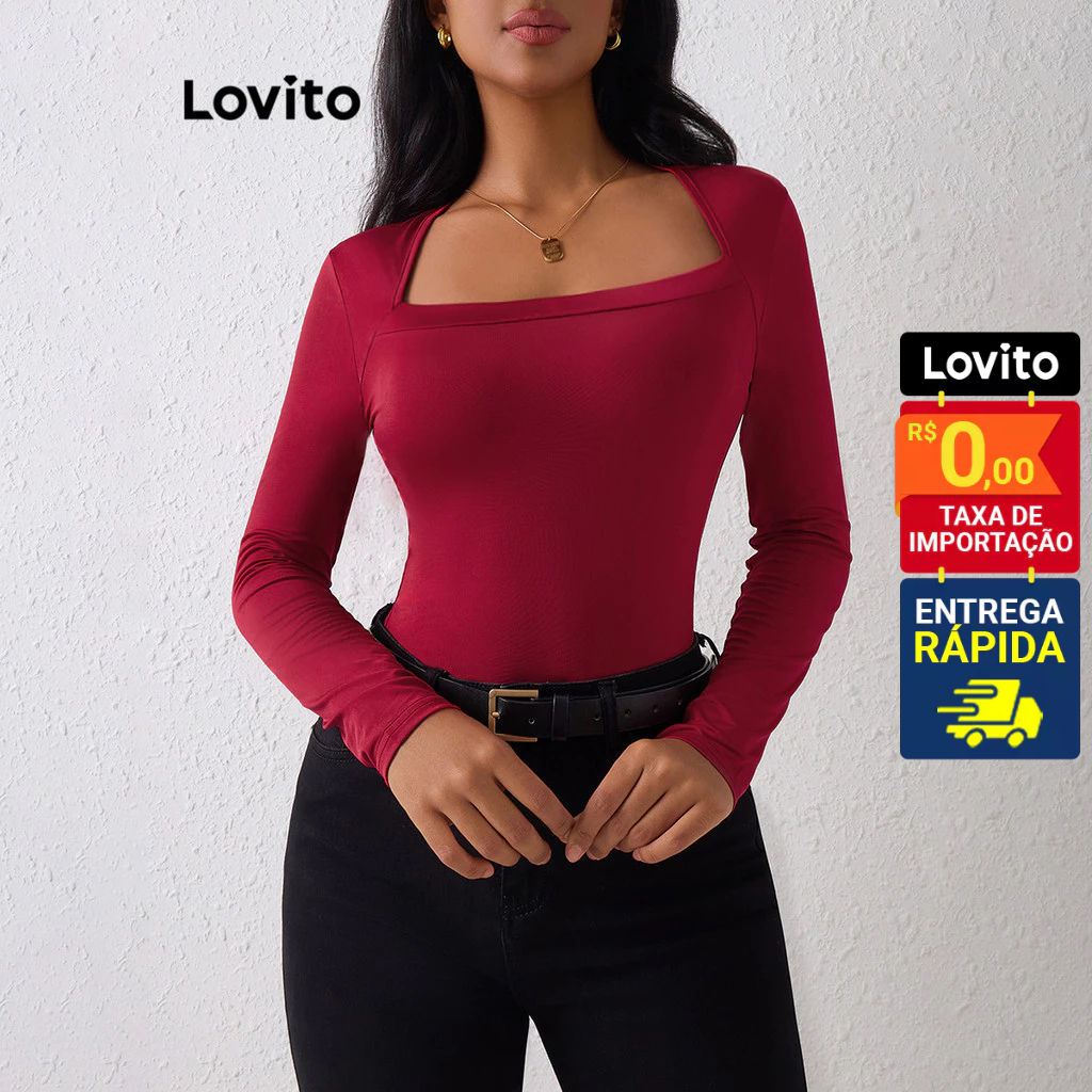 Lovito Camiseta Feminina Manga Longa com gola quadrada LBL13024 - Women Clothes
