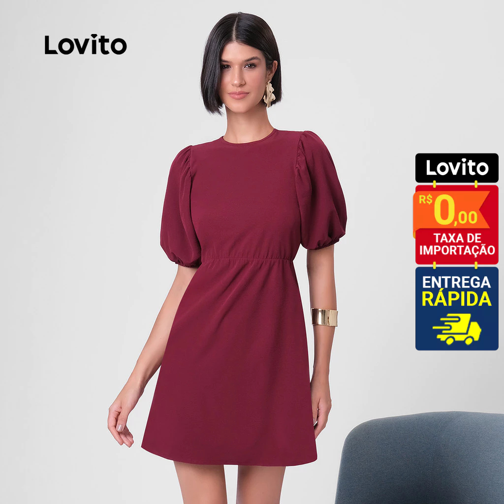 Lovito Vestido Curto Feminino Manga Bufante Duna LB232BRL261 em Oferta na Shopee