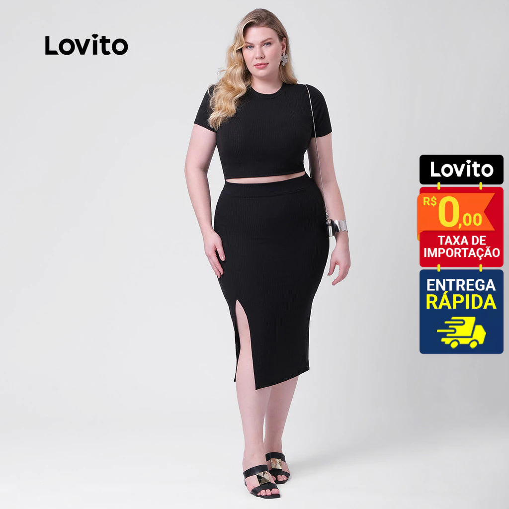 Lovito Conjunto Feminino Malha Blusa e Saia Midi Plus Size LB320BRL349 - Women Clothes
